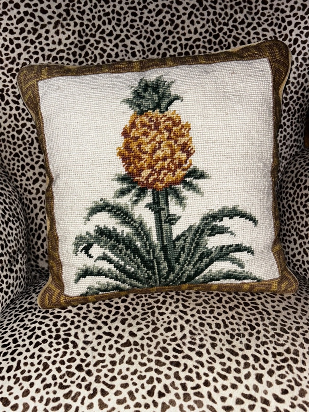 Pineapple needlepoint accent pillow tan velvet back